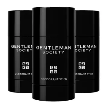 Three Givenchy Gentleman Society Deodorant Sticks for Men (75ml each) are arranged in a row, featuring black packaging with a white geometric logo, set against a white background.