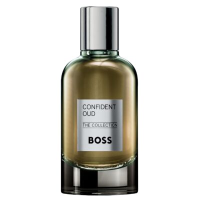 A 100ml bottle of Hugo Boss The Collection Confident Oud EDP Spray for men, featuring a metallic cap and a silver label on the front.