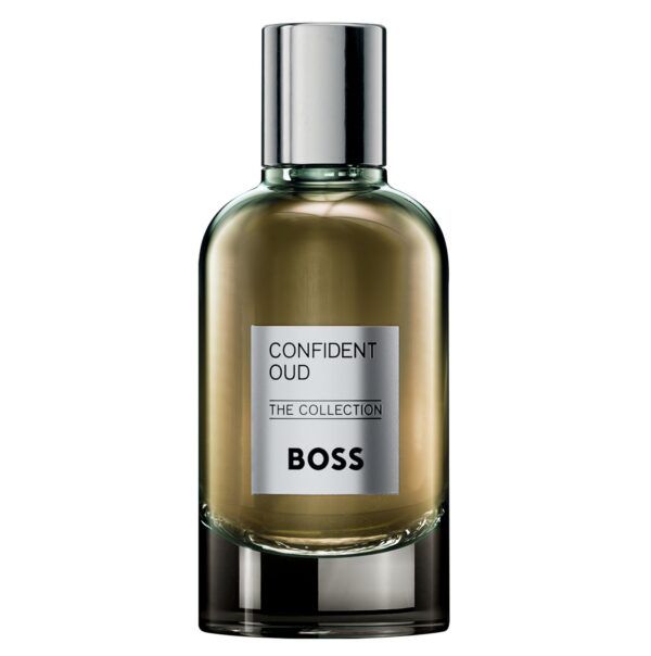 A 100ml bottle of Hugo Boss The Collection Confident Oud EDP Spray for men, featuring a metallic cap and a silver label on the front.