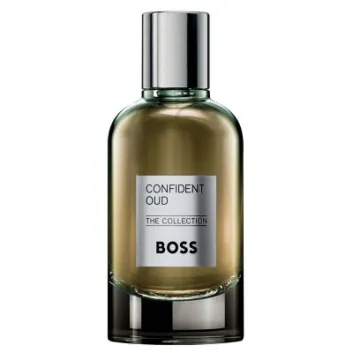 A 100ml bottle of Hugo Boss The Collection Confident Oud EDP Spray for men, featuring a metallic cap and a silver label on the front.