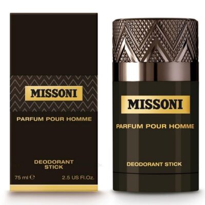 A set of 3 Missoni Parfum Pour Homme Deodorant Sticks for Men, each 75ml (2.5 US fl. oz.), featuring dark brown packaging with gold branding and geometric patterns.