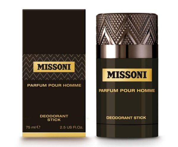 A set of 3 Missoni Parfum Pour Homme Deodorant Sticks for Men, each 75ml (2.5 US fl. oz.), featuring dark brown packaging with gold branding and geometric patterns.