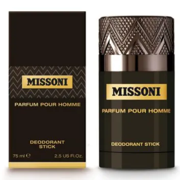 A set of 3 Missoni Parfum Pour Homme Deodorant Sticks for Men, each 75ml (2.5 US fl. oz.), featuring dark brown packaging with gold branding and geometric patterns.