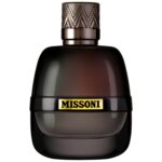 A dark, opaque 100ml bottle of Missoni Parfum Pour Homme EDP for Men, featuring a metallic patterned cap and a yellow label with the Missoni brand name.