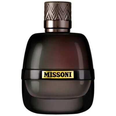 A dark, opaque 100ml bottle of Missoni Parfum Pour Homme EDP for Men, featuring a metallic patterned cap and a yellow label with the Missoni brand name.