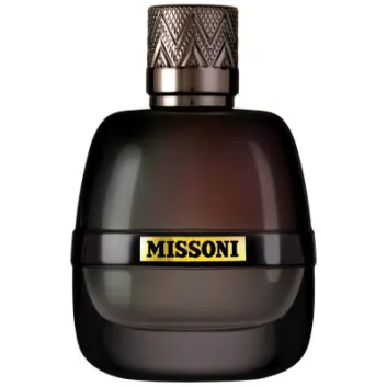 A dark, opaque 100ml bottle of Missoni Parfum Pour Homme EDP for Men, featuring a metallic patterned cap and a yellow label with the Missoni brand name.