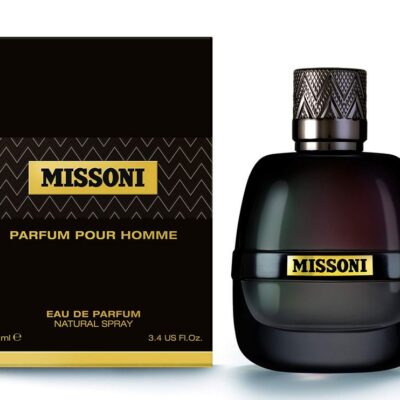 Missoni Parfum Pour Homme EDP for Men 100ml is displayed beside its black and gold box, both labeled 100ml (3.4 US fl. oz).