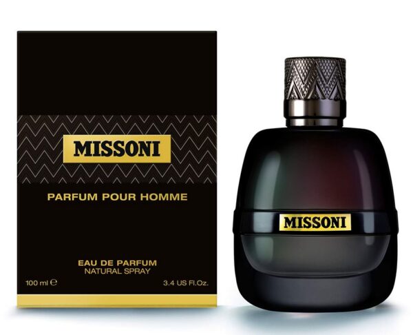 Missoni Parfum Pour Homme EDP for Men 100ml is displayed beside its black and gold box, both labeled 100ml (3.4 US fl. oz).