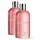 Two bottles of Molton Brown Delicious Rhubarb & Rose Bath & Shower Gel 300ml Unisex, featuring pink gel and silver caps with white text labels, are positioned side by side against a white background.