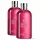 Two bottles of Molton Brown Fiery Pink Pepper Bath & Shower Gel 300ml (unisex), each featuring a silver cap and vibrant pink liquid, are displayed against a white background.