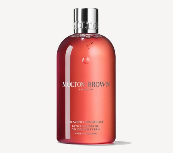 Two bottles of Molton Brown Heavenly Gingerlily Bath & Shower Gel 300ml for women, featuring silver caps, displayed against a white background.