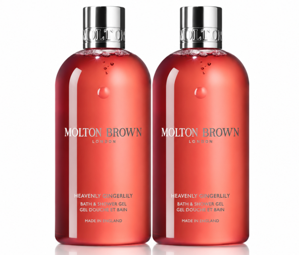 Two bottles of 2x Molton Brown Heavenly Gingerlily Bath & Shower Gel 300ml, Womens, each featuring silver caps and filled with red liquid, are arranged side by side against a white background.