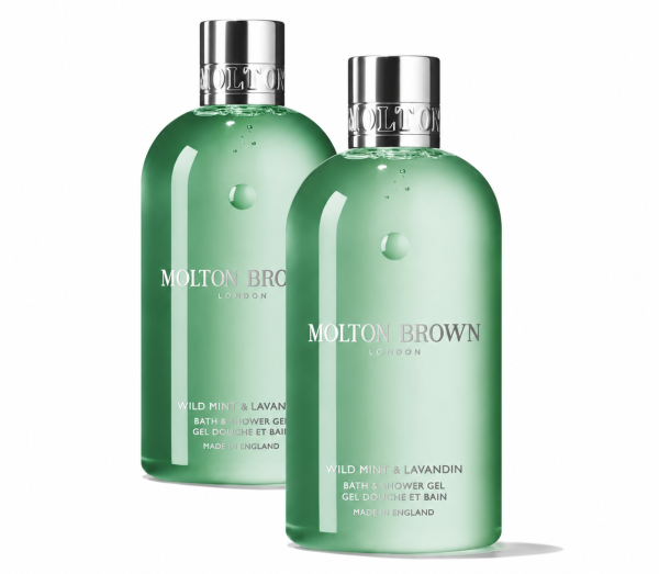 Two bottles of Molton Brown Wild Mint & Lavandin Bath & Shower Gel 300ml (unisex), each with a silver cap, are standing side by side on a white background.