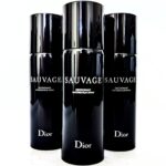 Three 150ml cans of Dior Sauvage Deodorant Spray for Men are arranged upright, with the center can in front and two slightly behind on either side.