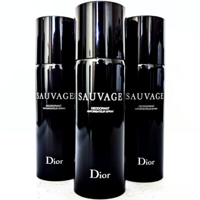 Three 150ml cans of Dior Sauvage Deodorant Spray for Men are arranged upright, with the center can in front and two slightly behind on either side.