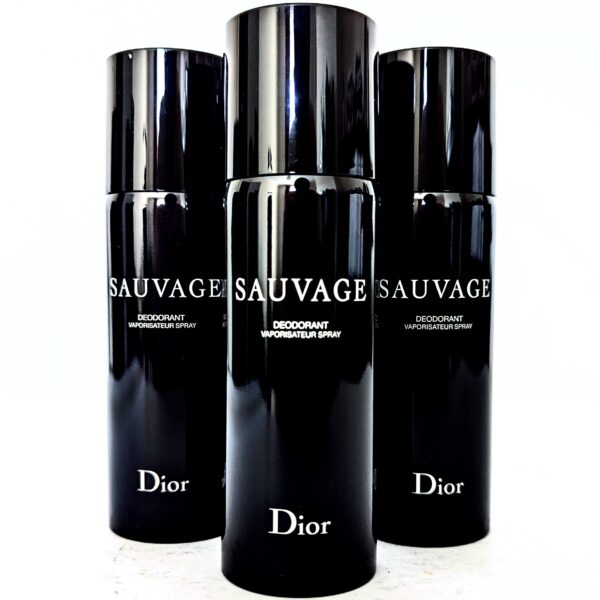 Three 150ml cans of Dior Sauvage Deodorant Spray for Men are arranged upright, with the center can in front and two slightly behind on either side.