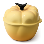 A yellow ceramic pot shaped like a pumpkin with a black stem-shaped handle on the lid, set against a plain white background.