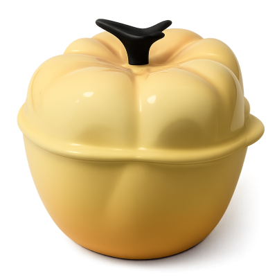 A yellow ceramic pot shaped like a pumpkin with a black stem-shaped handle on the lid, set against a plain white background.