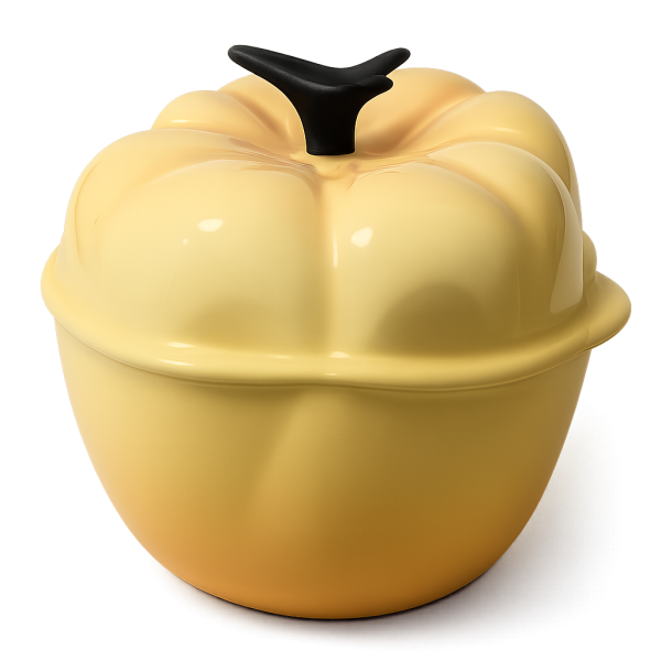 A yellow ceramic pot shaped like a pumpkin with a black stem-shaped handle on the lid, set against a plain white background.