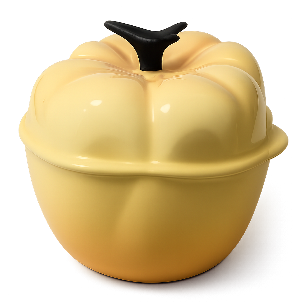 A yellow ceramic pot shaped like a pumpkin with a black stem-shaped handle on the lid, set against a plain white background.