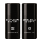 Two Givenchy Gentleman Society Deodorant Sticks for Men (75ml each) stand side by side, featuring a sleek black design with white text and a geometric logo.