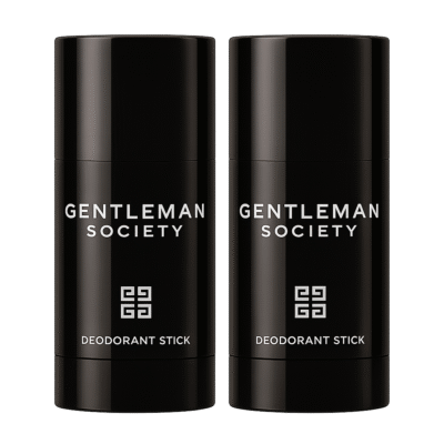 Two Givenchy Gentleman Society Deodorant Sticks for Men (75ml each) stand side by side, featuring a sleek black design with white text and a geometric logo.
