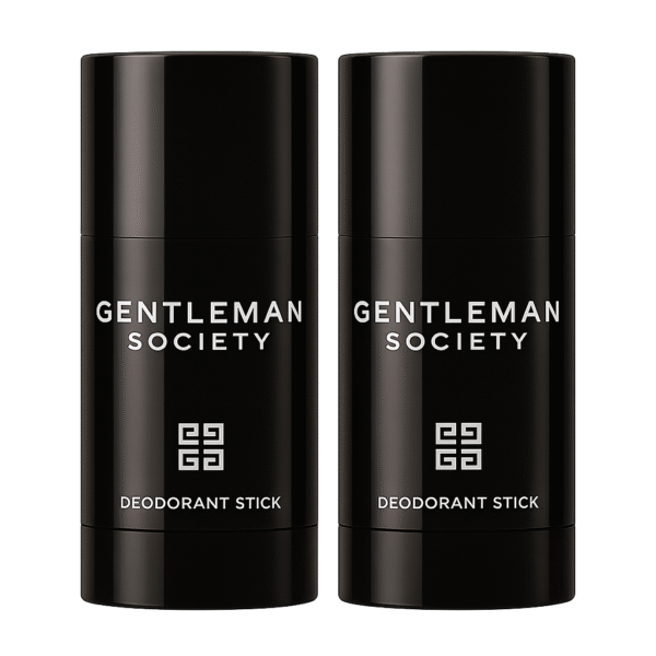 Two Givenchy Gentleman Society Deodorant Sticks for Men (75ml each) stand side by side, featuring a sleek black design with white text and a geometric logo. Two Givenchy Gentleman Society Deodorant Sticks for Men (75ml each) stand side by side, featuring a sleek black design with white text and a geometric logo.