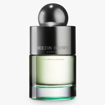 A 100ml bottle of Molton Brown Wild Mint & Lavandin Eau de Toilette (Unisex) with a metallic cap and light green liquid inside.