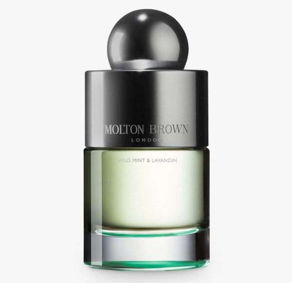 A 100ml bottle of Molton Brown Wild Mint & Lavandin Eau de Toilette (Unisex) with a metallic cap and light green liquid inside.