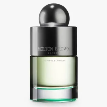 A 100ml bottle of Molton Brown Wild Mint & Lavandin Eau de Toilette (Unisex) with a metallic cap and light green liquid inside.