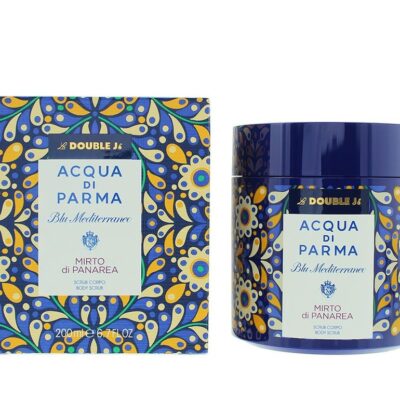 Set of two Acqua di Parma Blu Mediterraneo Mirto di Panarea Body Scrub 200ml jars, unisex, in a signature blue and yellow patterned design.