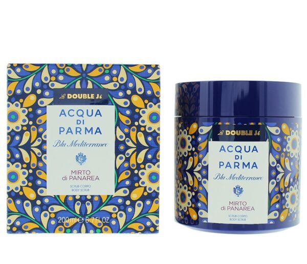 Set of two Acqua di Parma Blu Mediterraneo Mirto di Panarea Body Scrub 200ml jars, unisex, in a signature blue and yellow patterned design.