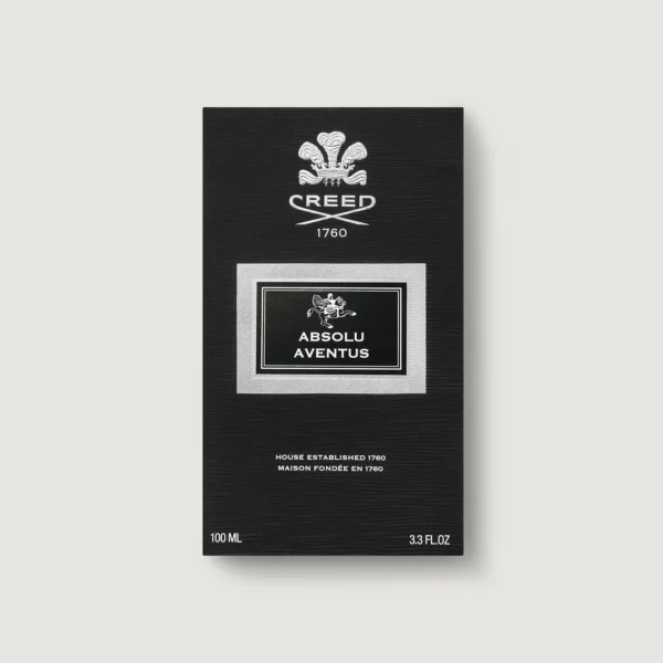 Black rectangular box of Creed Absolu Aventus fragrance with white and silver text displaying brand, product name, and size (100 ml, 3.3 fl oz) on a plain light background.
