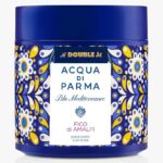 Two blue and white jars of Acqua di Parma Blu Mediterraneo Fico di Amalfi Body Scrub 200ml, unisex, featuring decorative patterned labels.