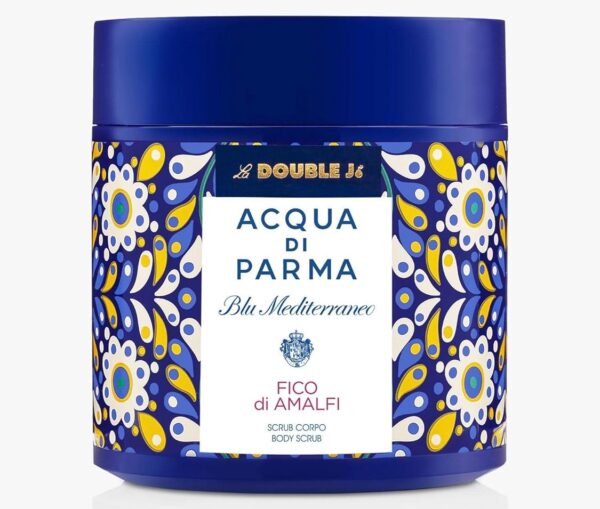 Two blue and white jars of Acqua di Parma Blu Mediterraneo Fico di Amalfi Body Scrub 200ml, unisex, featuring decorative patterned labels.