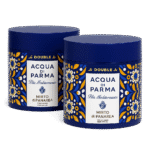 Set of two 200ml Acqua di Parma Blu Mediterraneo Mirto di Panarea Body Scrubs for unisex, featuring blue cylindrical containers with yellow and blue floral designs.