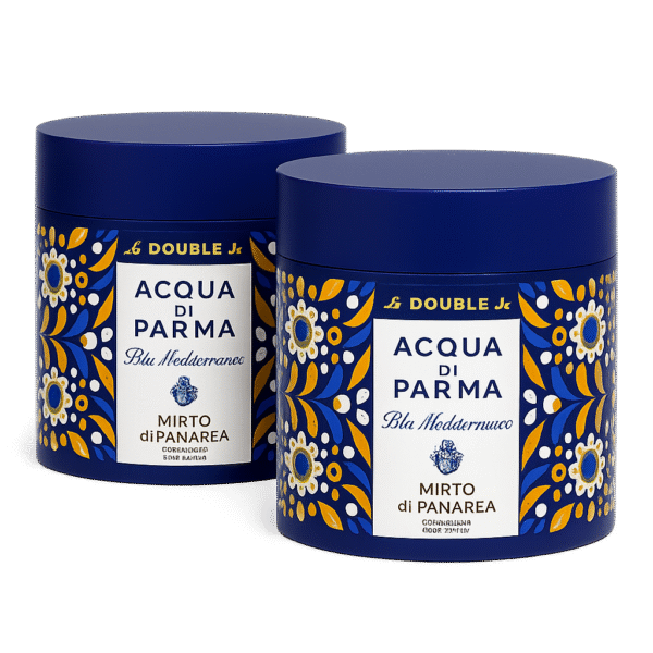 Set of two 200ml Acqua di Parma Blu Mediterraneo Mirto di Panarea Body Scrubs for unisex, featuring blue cylindrical containers with yellow and blue floral designs.