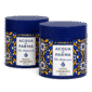 Set of two 200ml Acqua di Parma Blu Mediterraneo Mirto di Panarea Body Scrubs for unisex, featuring blue cylindrical containers with yellow and blue floral designs.