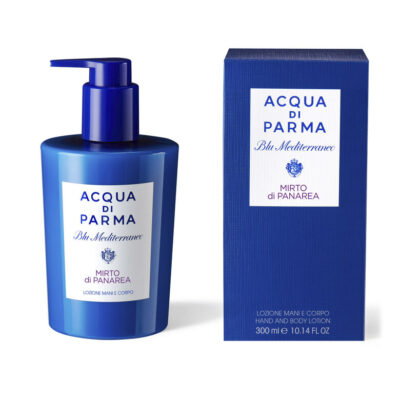 A set of two 300ml unisex Acqua di Parma Blu Mediterraneo Mirto di Panarea Hand & Body Lotions with blue pump bottles and matching boxes.