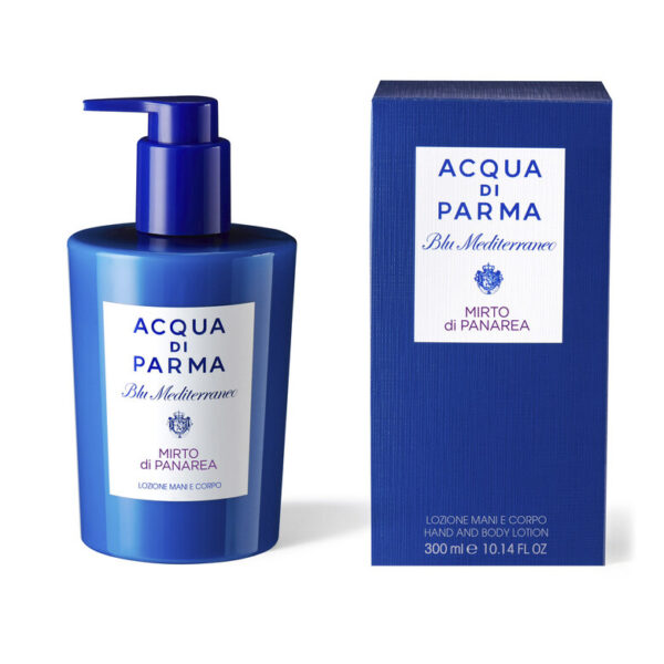 A set of two 300ml unisex Acqua di Parma Blu Mediterraneo Mirto di Panarea Hand & Body Lotions with blue pump bottles and matching boxes.