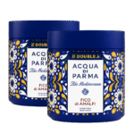 Two jars of Acqua di Parma Blu Mediterraneo Fico di Amalfi Body Scrub 200ml (unisex), each featuring a blue container with a decorative yellow, blue, and white floral pattern on the label.