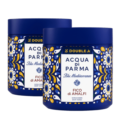 Two jars of Acqua di Parma Blu Mediterraneo Fico di Amalfi Body Scrub 200ml (unisex), each featuring a blue container with a decorative yellow, blue, and white floral pattern on the label.