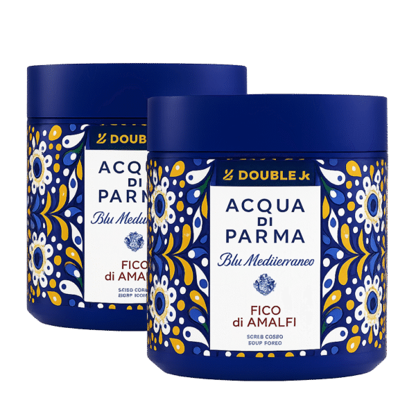Two jars of Acqua di Parma Blu Mediterraneo Fico di Amalfi Body Scrub 200ml (unisex), each featuring a blue container with a decorative yellow, blue, and white floral pattern on the label.