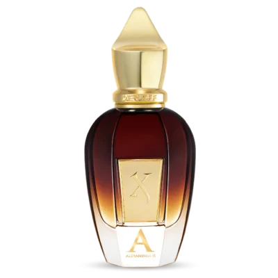 The Xerjoff Alexandria II EDP Spray (100ml, Unisex) features a gold-capped bottle with a deep amber body and gold label, displaying the letter "A" and "Alexandria II" on the front.