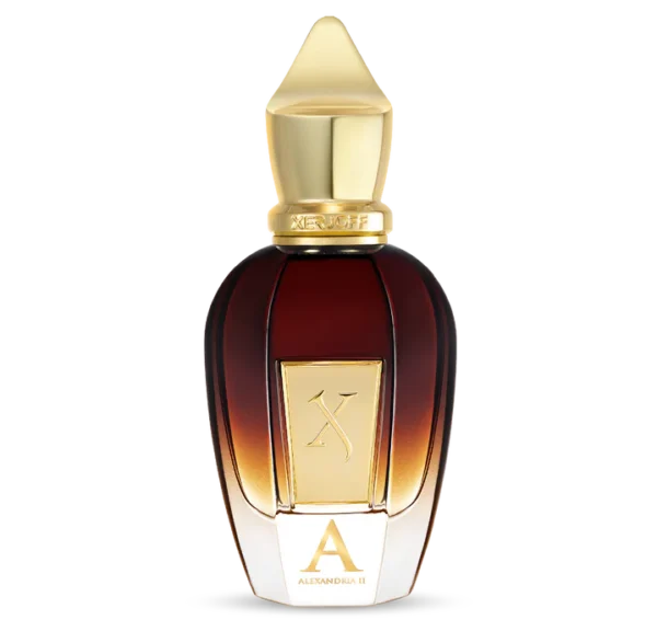 The Xerjoff Alexandria II EDP Spray (100ml, Unisex) features a gold-capped bottle with a deep amber body and gold label, displaying the letter "A" and "Alexandria II" on the front.