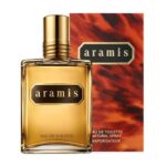 A 240ml bottle of Aramis EDT Spray for Men, Classic Fragrance, is displayed with its brown tiger-patterned box.