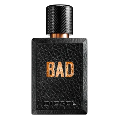 A 200ml bottle of Diesel Bad Body Spray for Men in black with textured design, featuring copper lettering and a black cap.