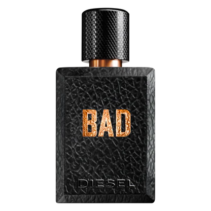 A 200ml bottle of Diesel Bad Body Spray for Men in black with textured design, featuring copper lettering and a black cap.