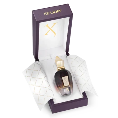 A Xerjoff Alexandria II EDP Spray (100ml, Unisex) bottle is shown in an open purple and white presentation box with gold accents and decorative wrapping paper.