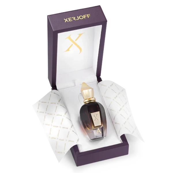 A Xerjoff Alexandria II EDP Spray (100ml, Unisex) bottle is shown in an open purple and white presentation box with gold accents and decorative wrapping paper.